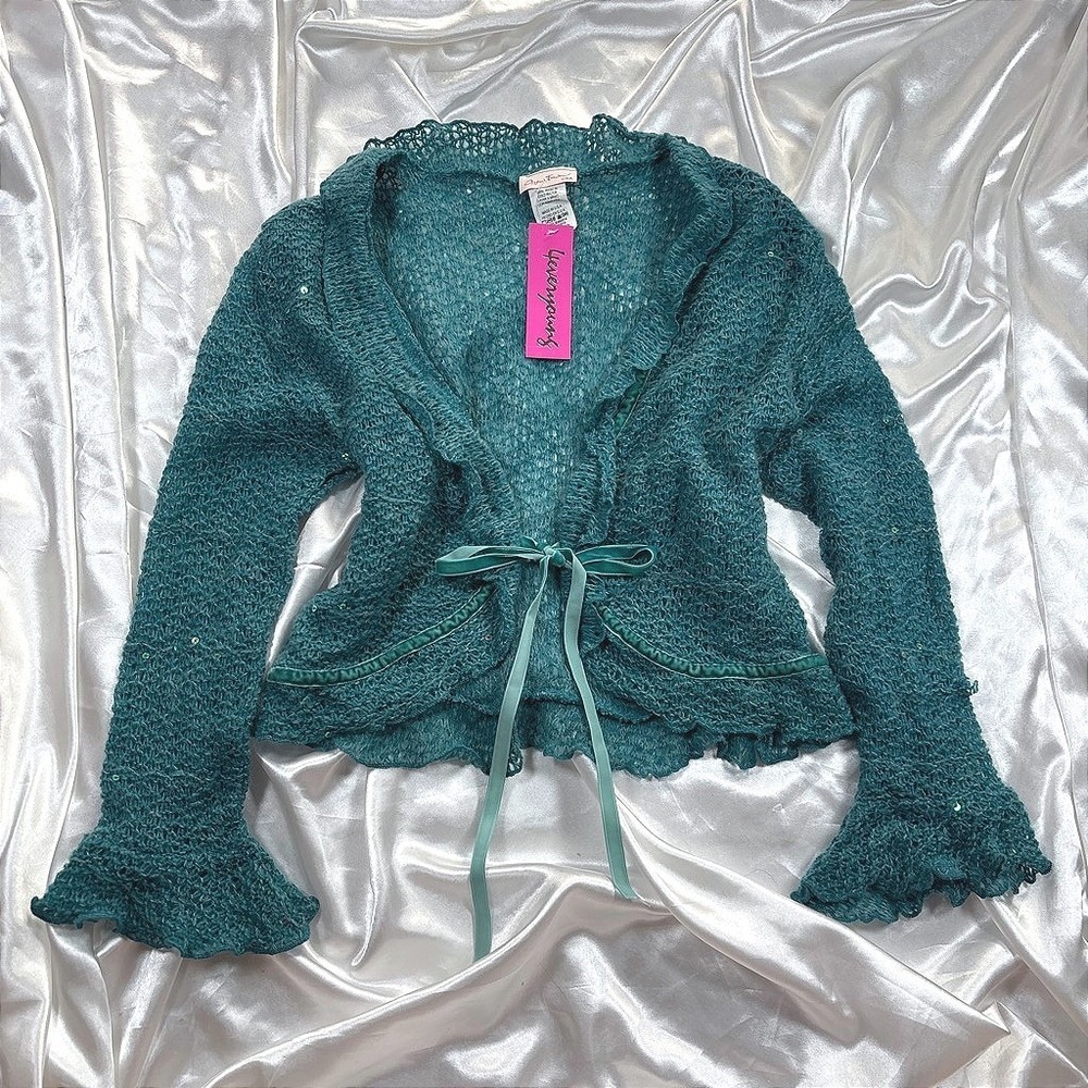 y2k Cardigan Teal NEW Vintage New Tower USA Sequin Ribbon Tie Crop Shrug M